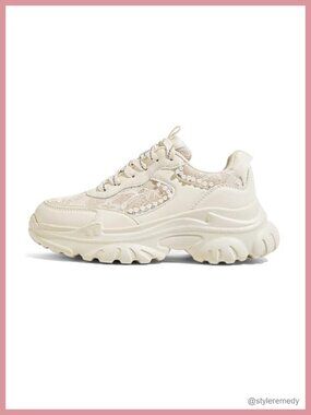 Chunky Fashion Sneakers Dad Walking Shoes with Pearl Beads Lace